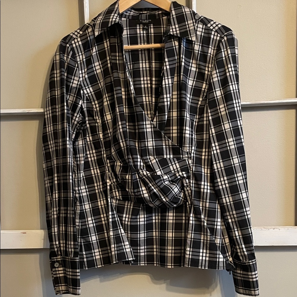 Talbots Black and White Plaid Shirt with zippered side